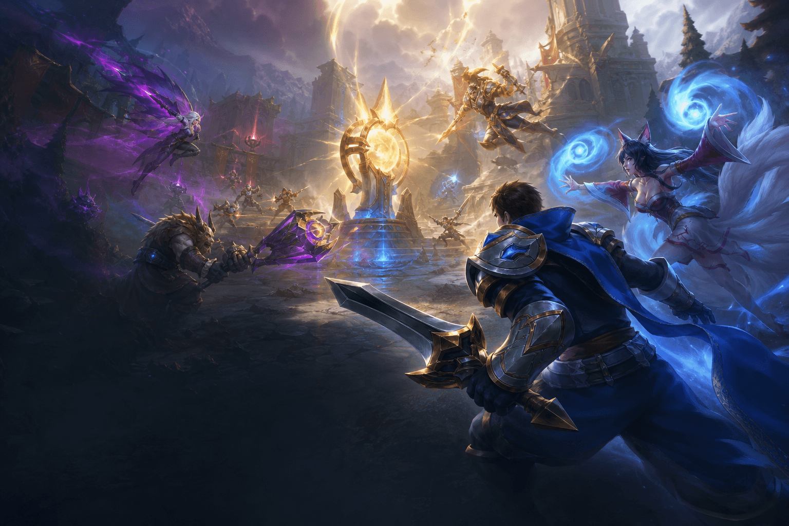 Champions fantastiques s’affrontant dans une arène de League of Legends