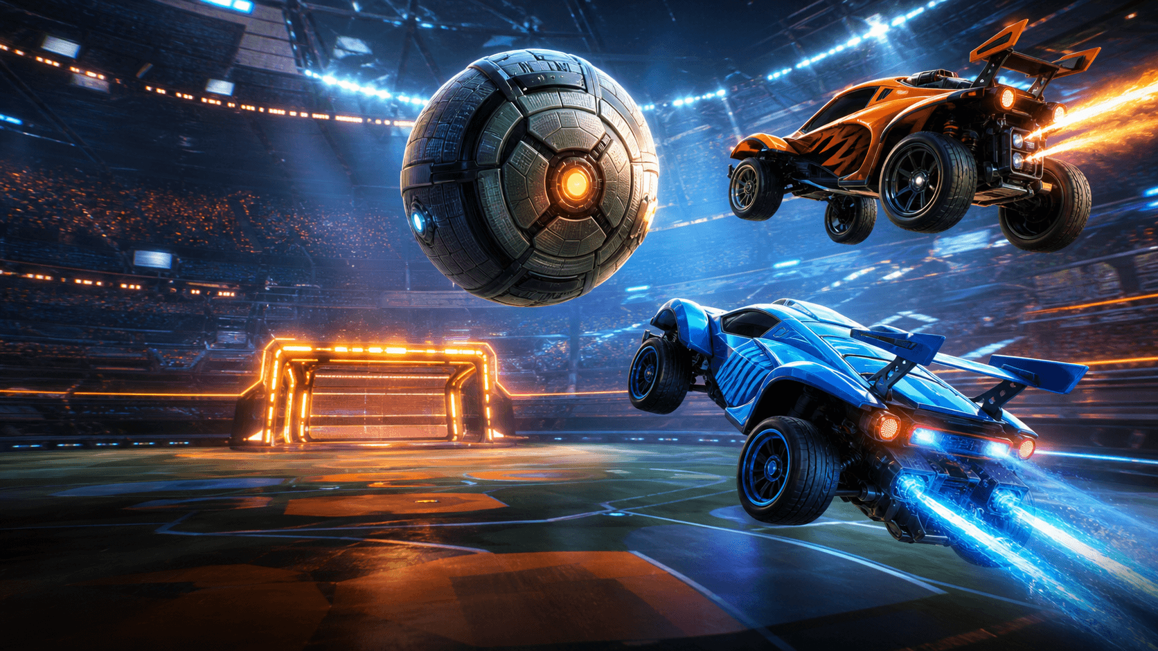 Voitures propulsées disputant un ballon dans une arène de Rocket League